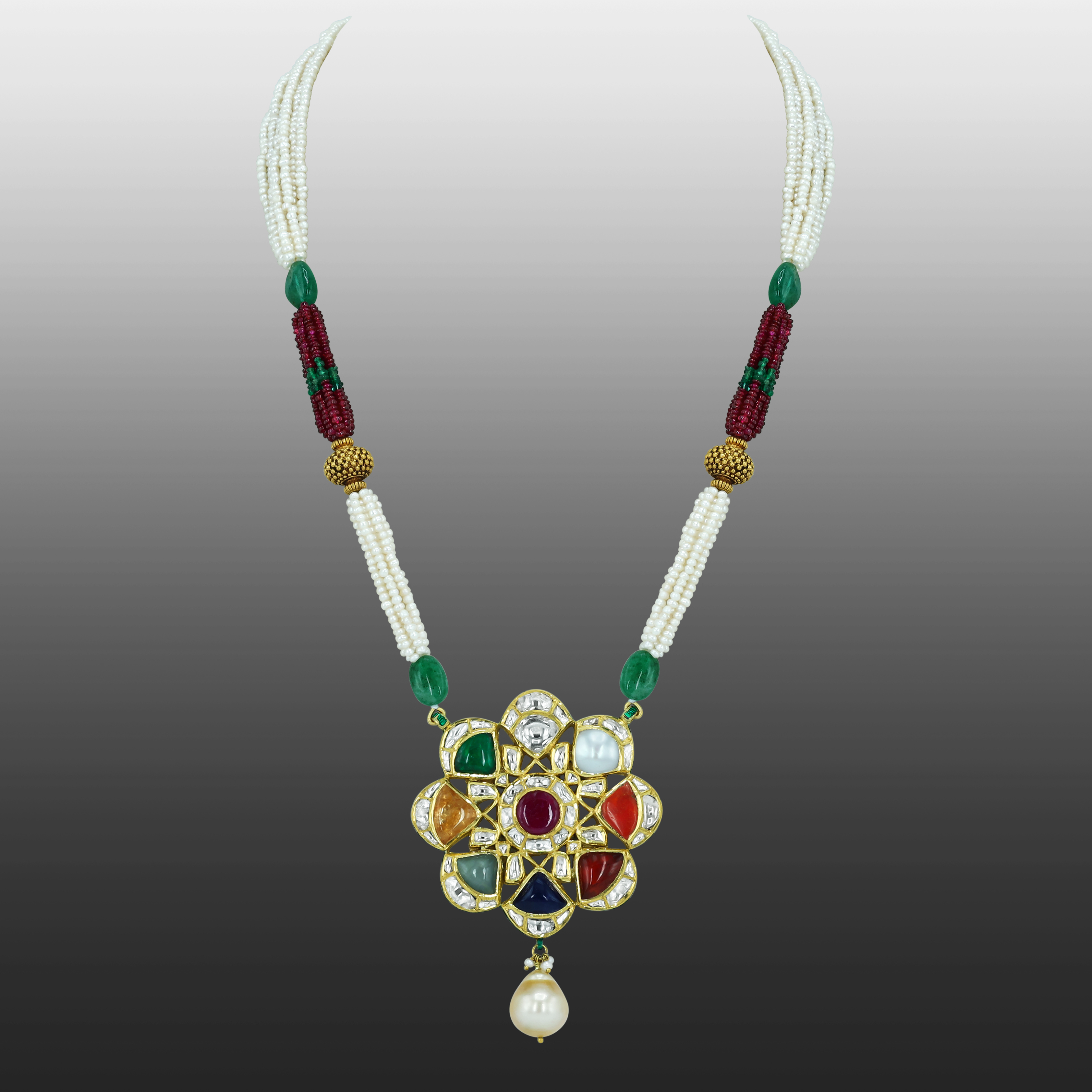 Navaratna Pendant Necklace with Pearls, Emeralds, and Ruby Beads